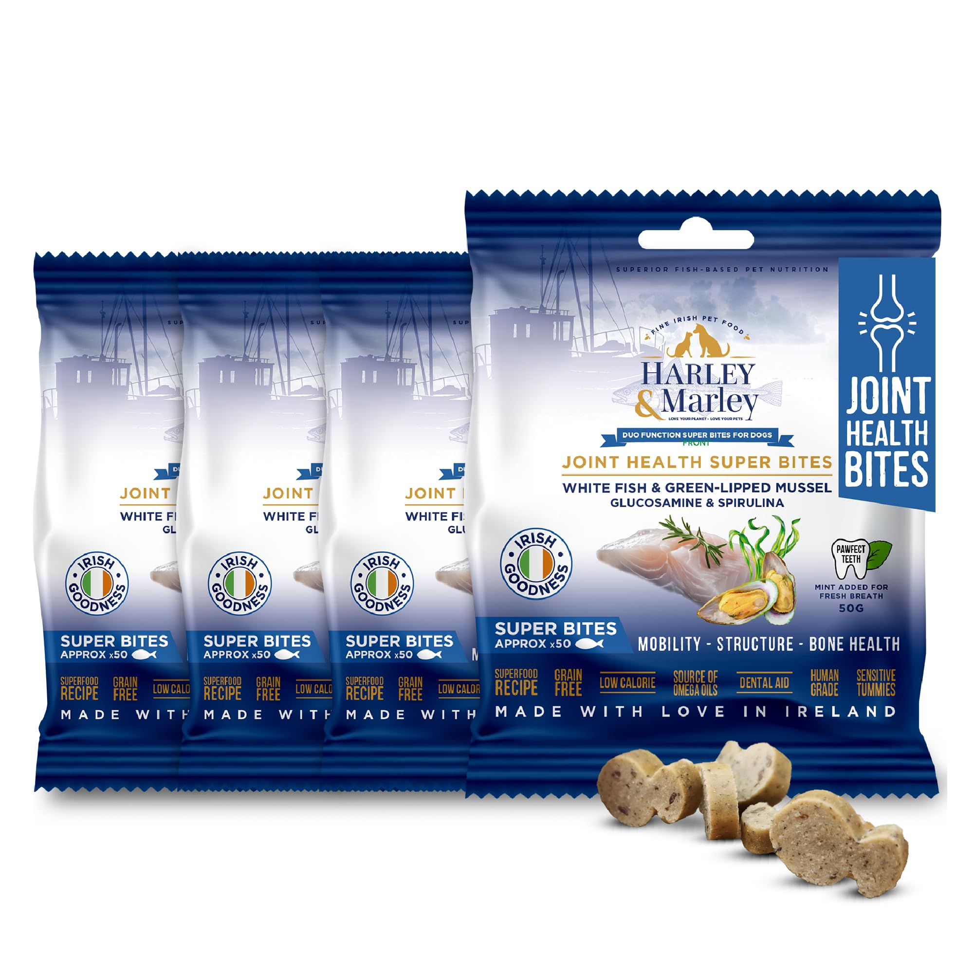Harley & Marley Joint Health Super Bites for Dogs - Joint Supplements with Glucosamine, Green-Lipped Mussel & Spirulina - Hip & Joint Care & Arthritis Pain Relief for Senior Dogs - 4pk (50/pk)