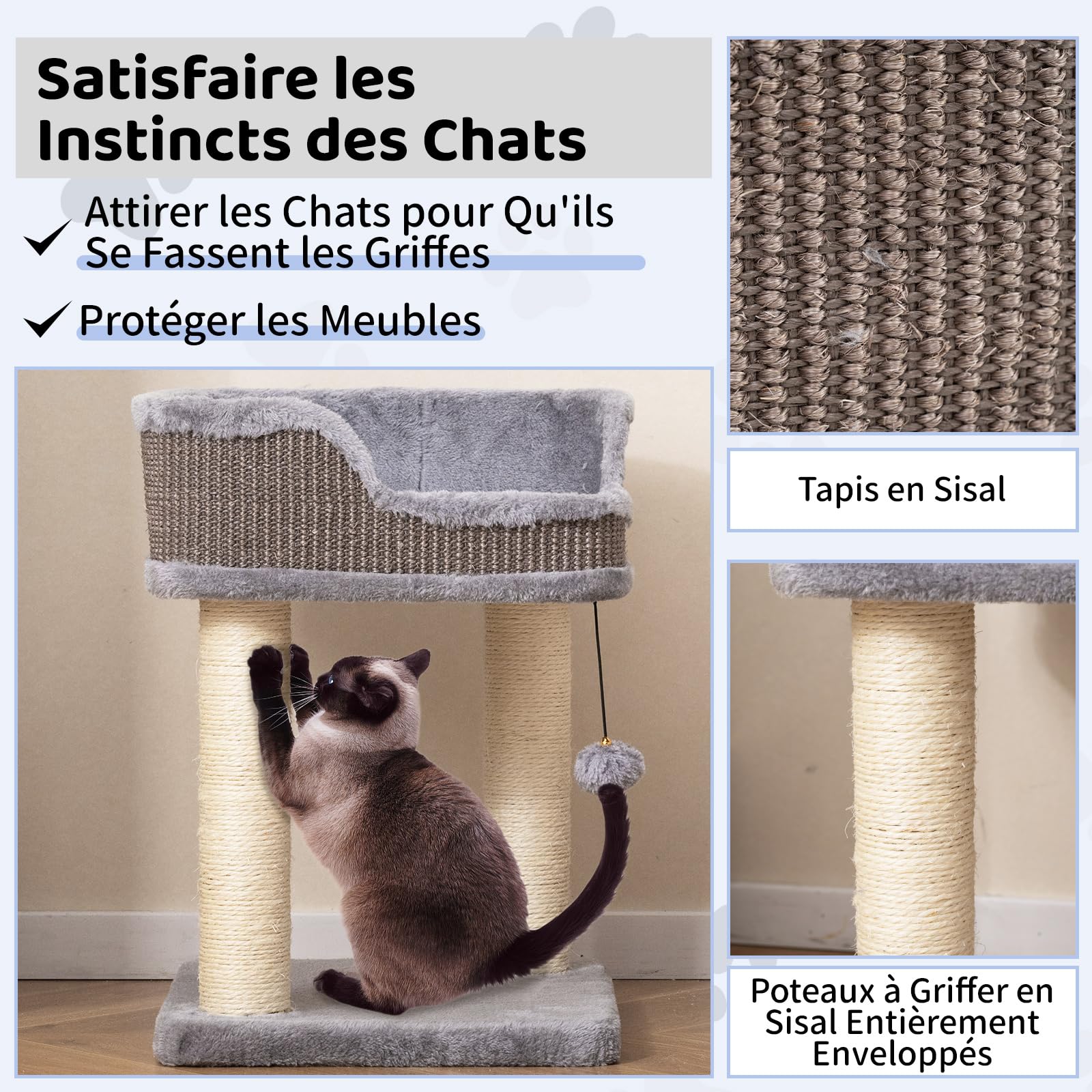 GOPLUS Arbre a Chat à 2 Niveaux avec Balle Suspendue et Clochette, Arbre à Chat Petit avec Perchoir en Peluche, 2 Poteaux à Gratter en Sisal, Centre d'Activité pour Chatons d'Intérieur (Gris)