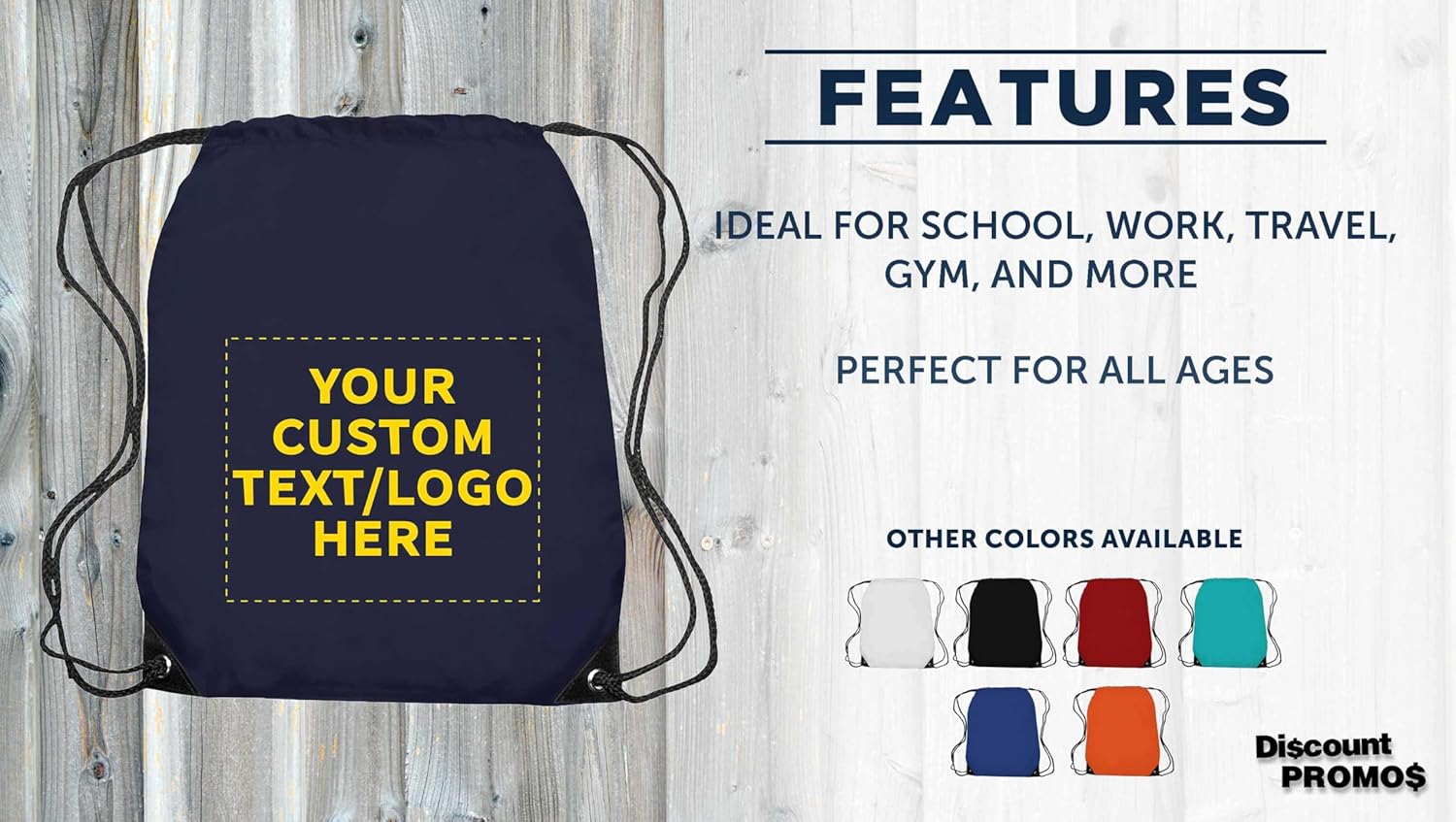 DISCOUNT PROMOS Custom Black Trim Drawstring Backpacks Set of 10/50/100, Personalized Bulk Pack - Gym Bag, Soccer Shoes, Water Resistant - Navy Blue