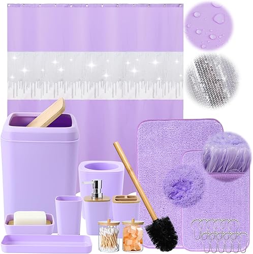 Juego de accesorios de baño de color morado claro con bote de basura, 12 piezas para decoración de baño, soporte para cepillos de dientes, vaso de