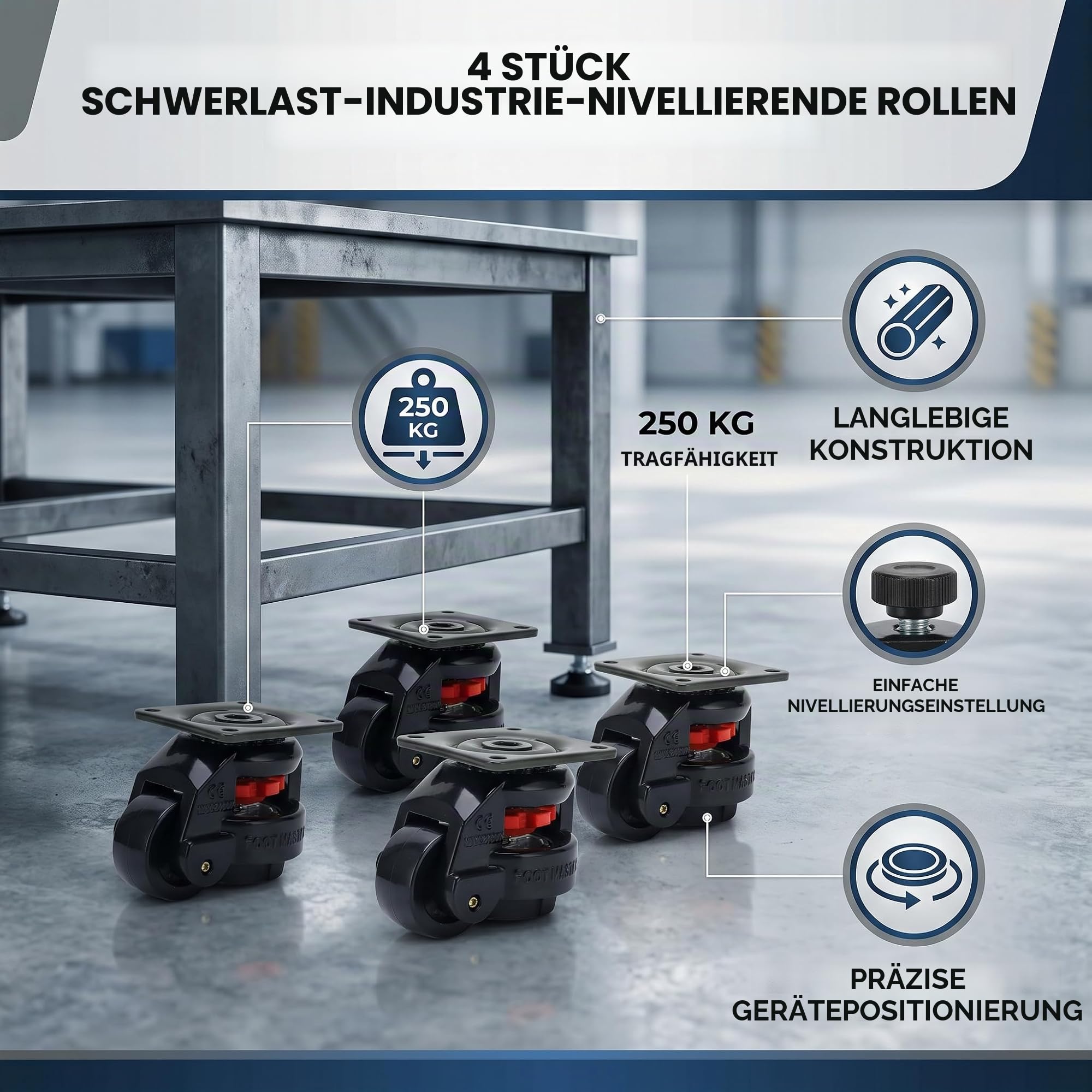 Nivellierende Schwerlastrollen 4er-Set aus Nylon, 250kg Tragkraft pro Rolle, geeignet für Schweißtische und Maschinen, GD-60F