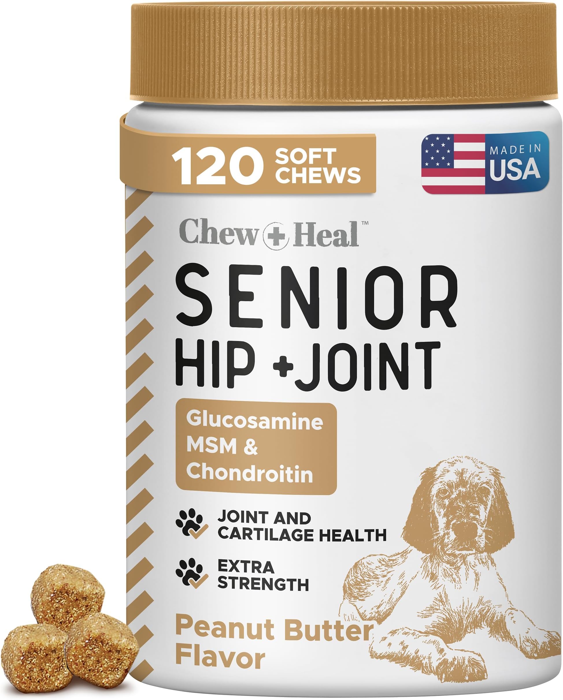 Glucosamine for Dogs Hip and Joint Supplement - 120 Soft Chews for Senior Dogs with Glucosamine, Chondroitin, MSM, and Omegas - for Mobility, Cartilage, and Joint Health - Peanut Butter Flavor