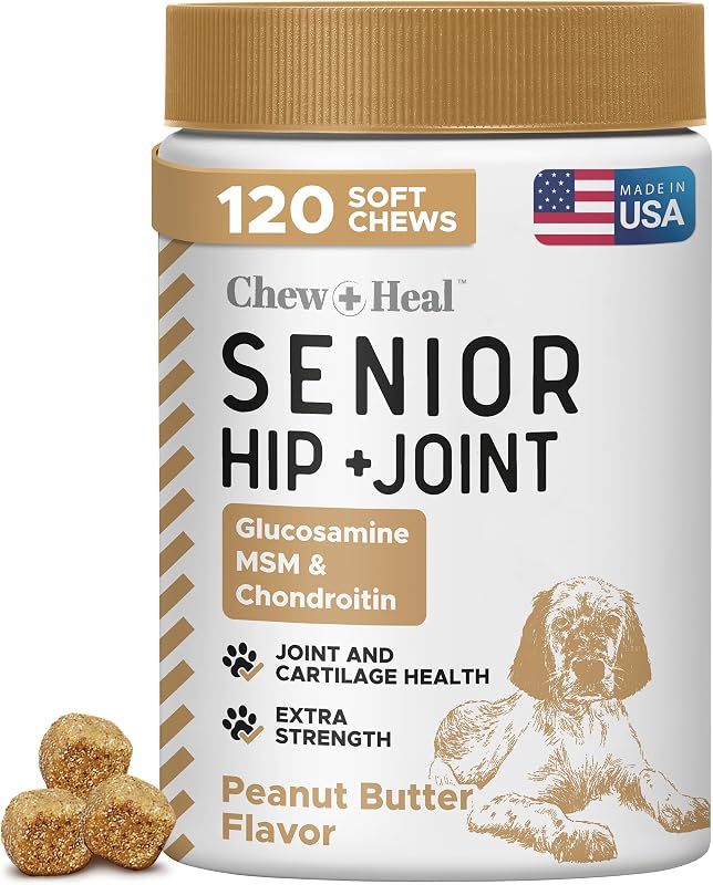 Suplemento para Cães com Glucosamina, Condroitina e MSM para Quadril e Articulações Chew + Heal Labs, 120 Mastigáveis Macios
