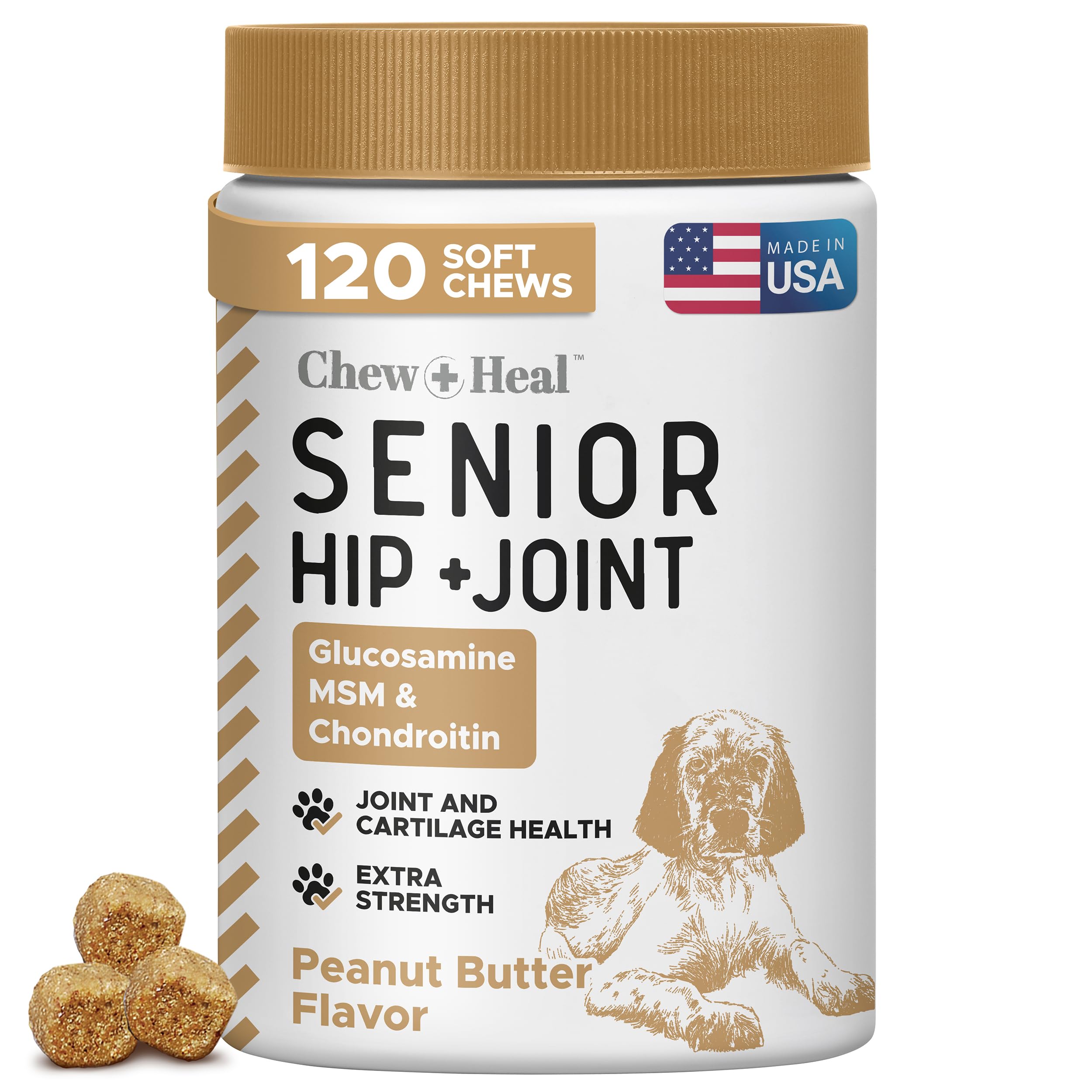 Glucosamine for Dogs Hip and Joint Supplement - 120 Soft Chews for Senior Dogs with Glucosamine, Chondroitin, MSM, and Omegas - For Mobility, Cartilage, and Joint Health - Peanut Butter Flavor