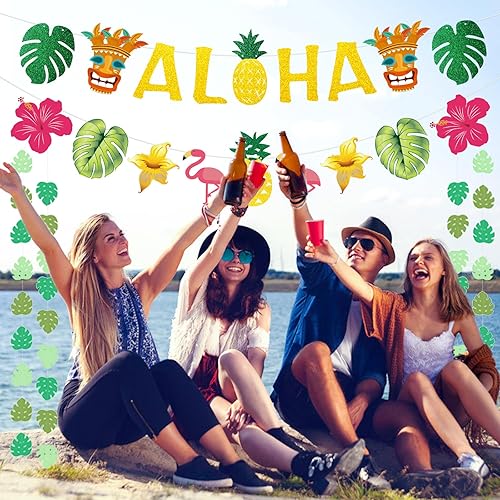Miniatura 2 de Decoraciones de fiesta hawaiana Aloha  Cartel dorado brillante Aloha para suministros de fiesta temática de Luau tropical de Hawaii