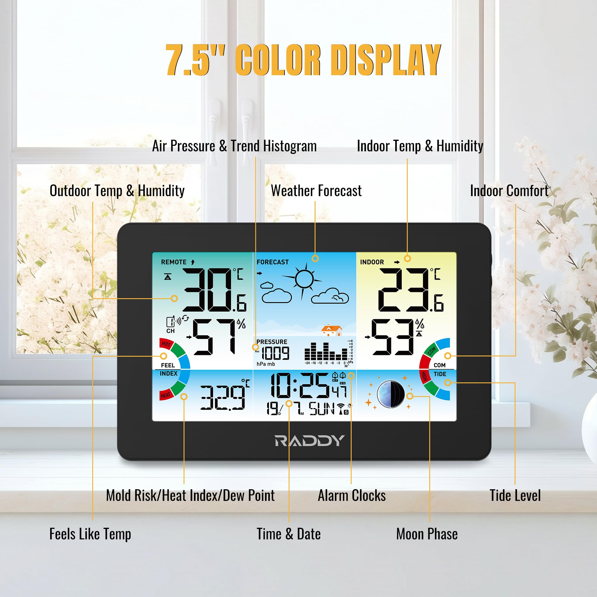 Raddy HW75 Stazione Meteo Wireless, Schermo a Colori 7,5", Termometro Igrometro Interno Esterno, Pressione Barometrica, Orologio Atomico, Indice di Calore, Punto di Rugiada, Fase Lunare, Giardino
