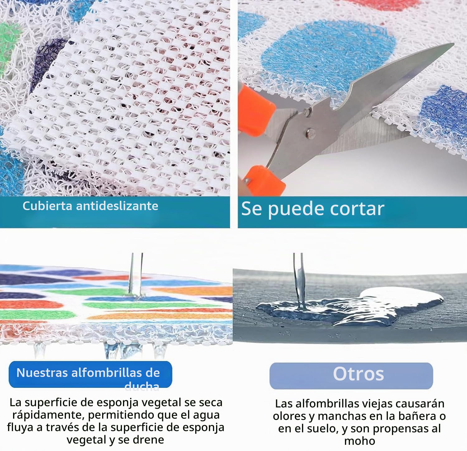 Alfombra de Ducha de Esquina Antideslizante y antimoho, Lavable con Orificios de Drenaje, Alfombra Curva de PVC 60x60 cm