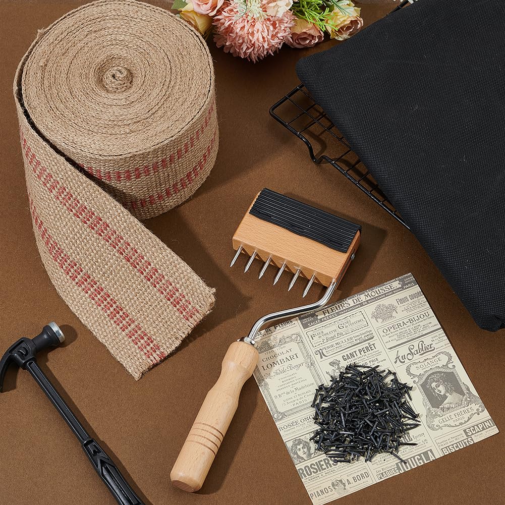 WEBEEDY Ensemble D'Outils pour Tapisserie avec 10.9 Yards X 9cm de Ruban en Toile de Jute Étireur de Toile en Bois Punaises en Fer et Tissu Noir Matériel de Réparation de Meubles pour L'Artisanat DIY