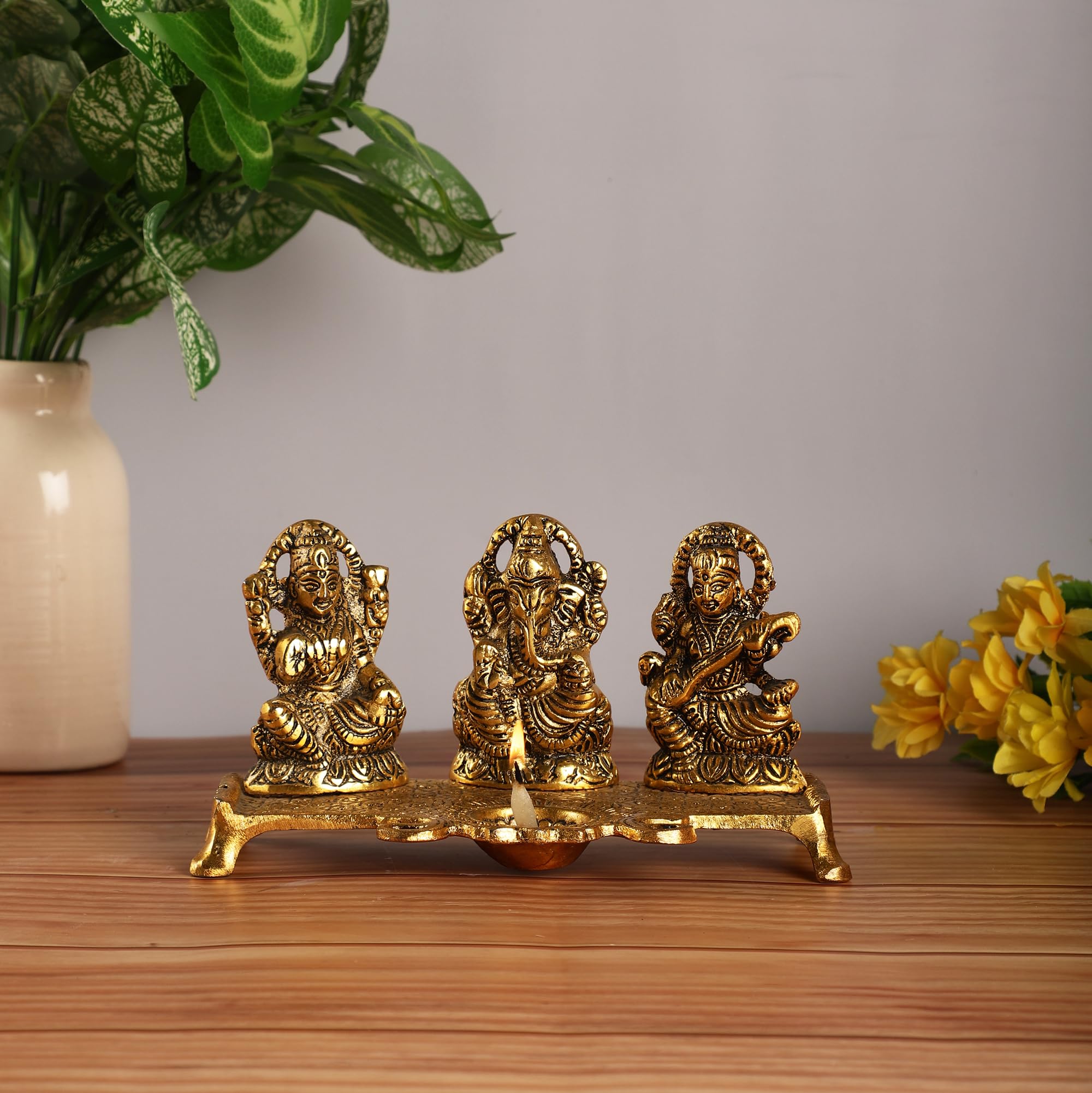 PURESTORY Goddess Laxmi Ganesh Saraswati Chowki Diya for Puja, Home Temple & Office | Oil Lamp | Diwali Decoration Items for Home Decor | Gold for Mandir | Size - 7.5 x 3.9 Inch