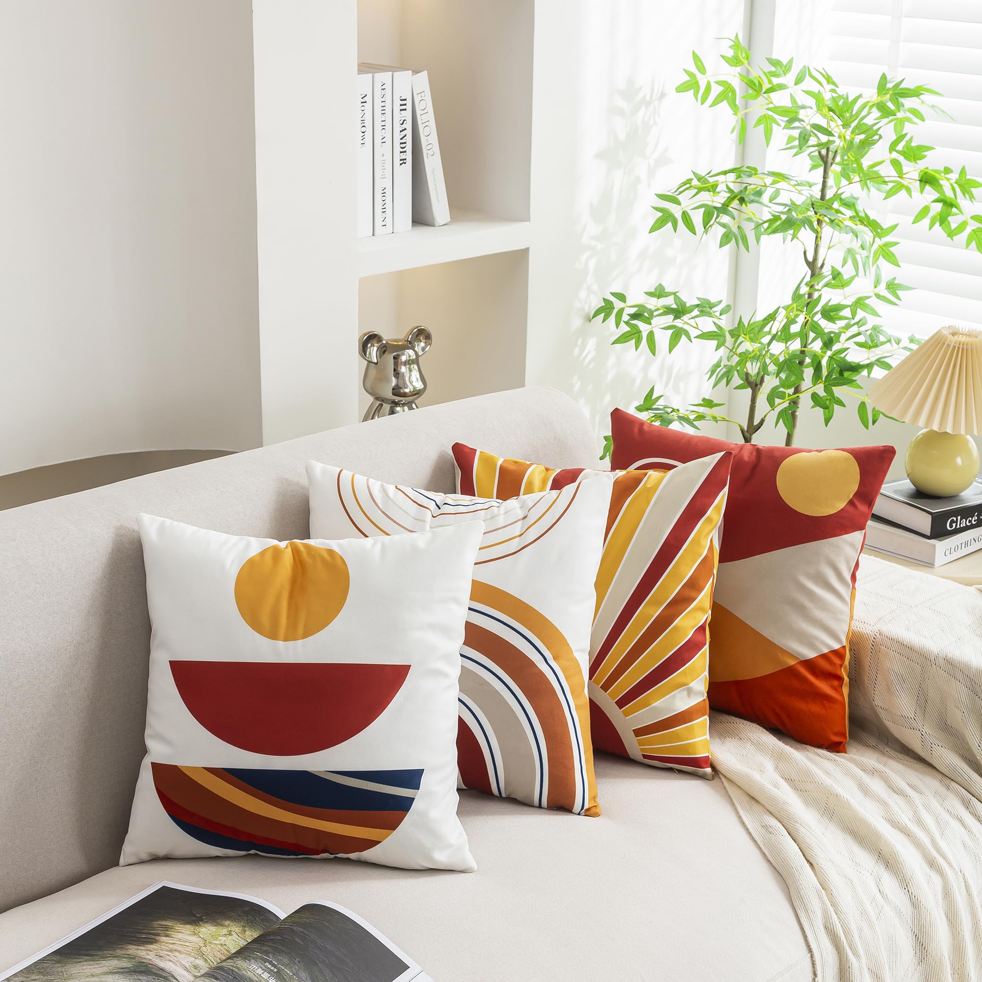 YUMYDG Set of 4 Cushion Covers 45 x 45cm Mid Century Bohemian Sun Moon and Rainbow Minimalist Geometric Abstract Decorative Pillow Cases Home Decor Standard Square Cushion Cover 18x18 Inches - Image 2