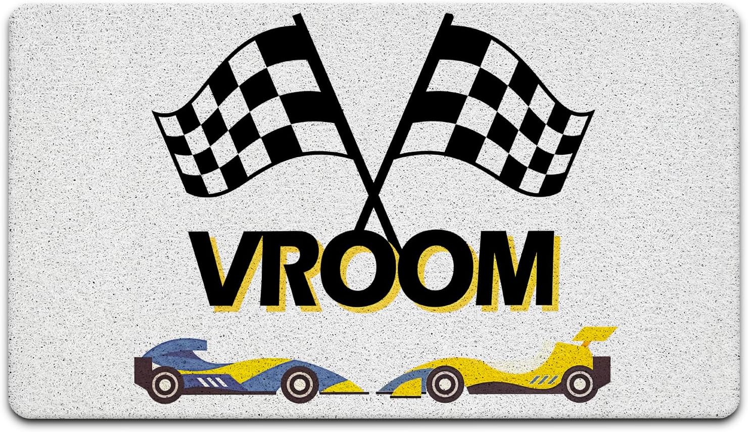 JINYO Racing Car Welcome Mat, Checkered Flag Racing Door Mat for Kids Room Playroom Nursery Boys Bedroom, Race Track Theme Doormat for Home Entrance Entryway Garage, 17x30 Inch