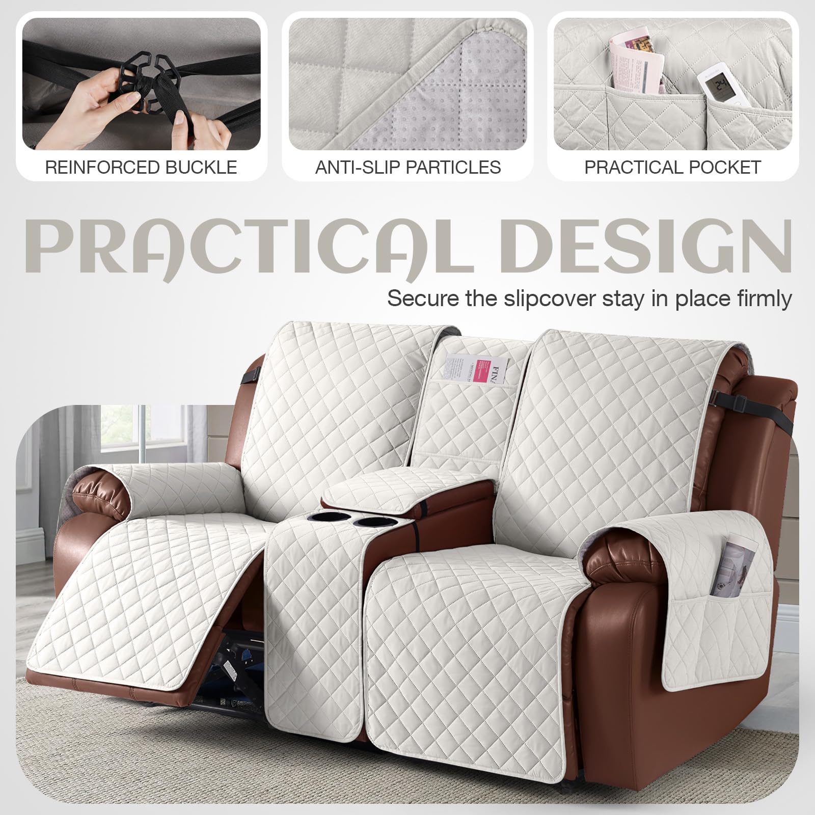 Funda 100% impermeable para sofá biplaza reclinable con consola, fundas antideslizantes para sofá reclinable de 2 asientos, protector de muebles con correas elásticas para niños, mascotas, 3