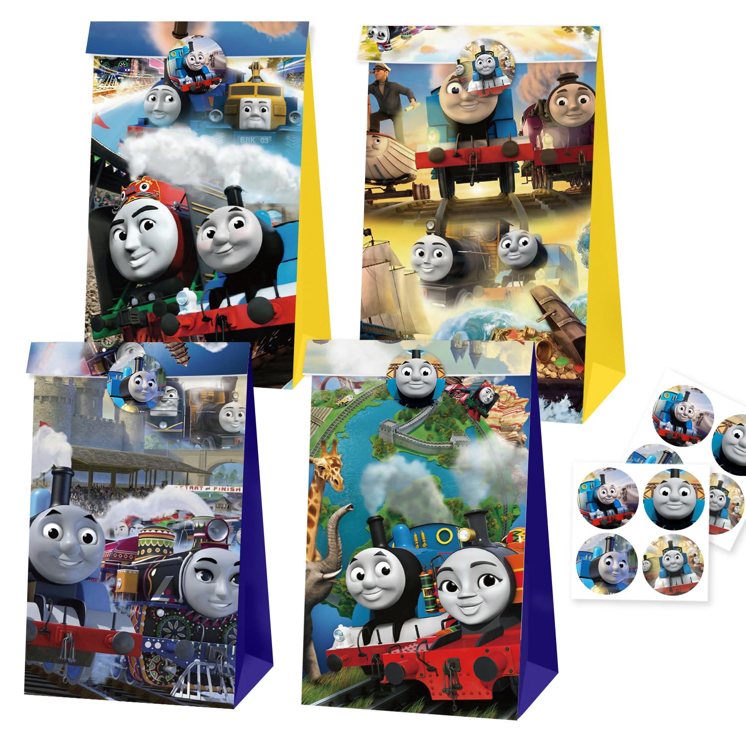 12 Pcs Thomas Train Party Bags (With 12 Theme Stickers), Birthday Gift Bags, Party Supplies (Paper)