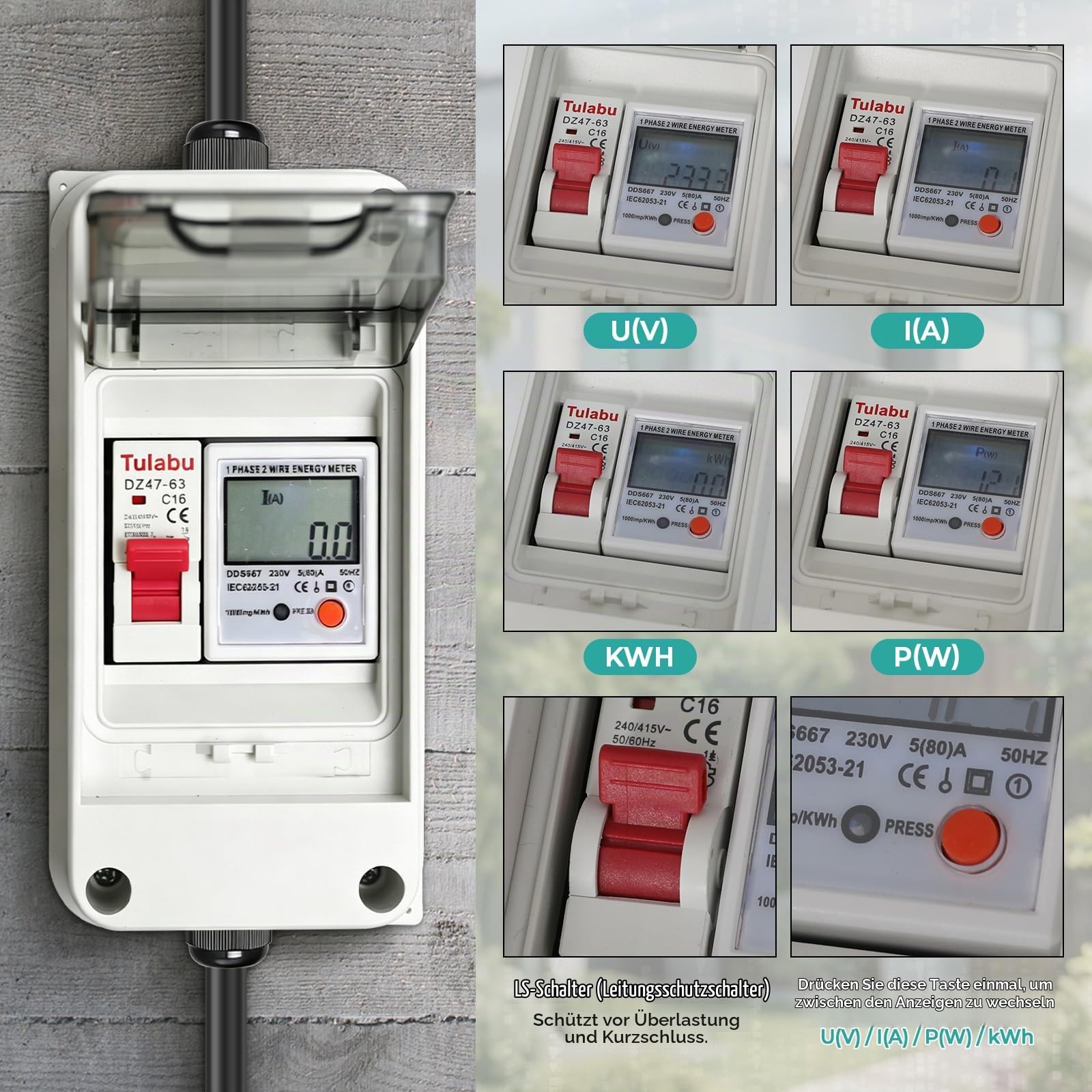 Mobiler Digitaler Stromzähler 80A 230V, Outdoor Mobiles Messgerät mit IP65 Wasserdichtung 16A LS-Schalter Speicher und Reset Funktion, Tragbar Stromzähler für Wohnmobile und Elektrofahrzeuge