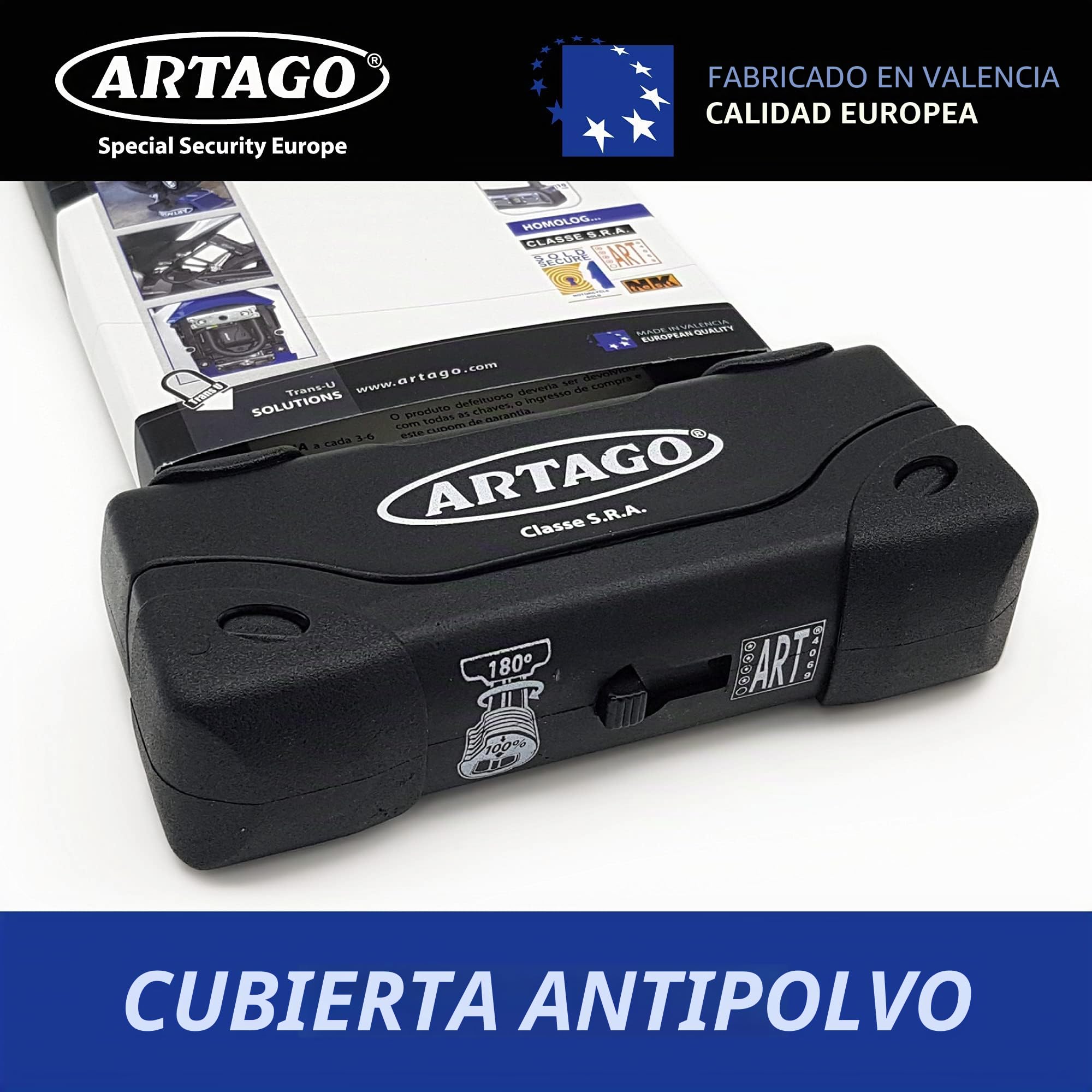 ARTAGO 18ART270 Candado Moto Alta Gama, Antirrobo U Nivel BUNKER Homologado SRA, Sold Secure Gold, ART4, Puro Acero Endurecido 18mm, Doble Cierre Blindado, Cerradura con Disco 5mm Anti-Taladro, 85x270
