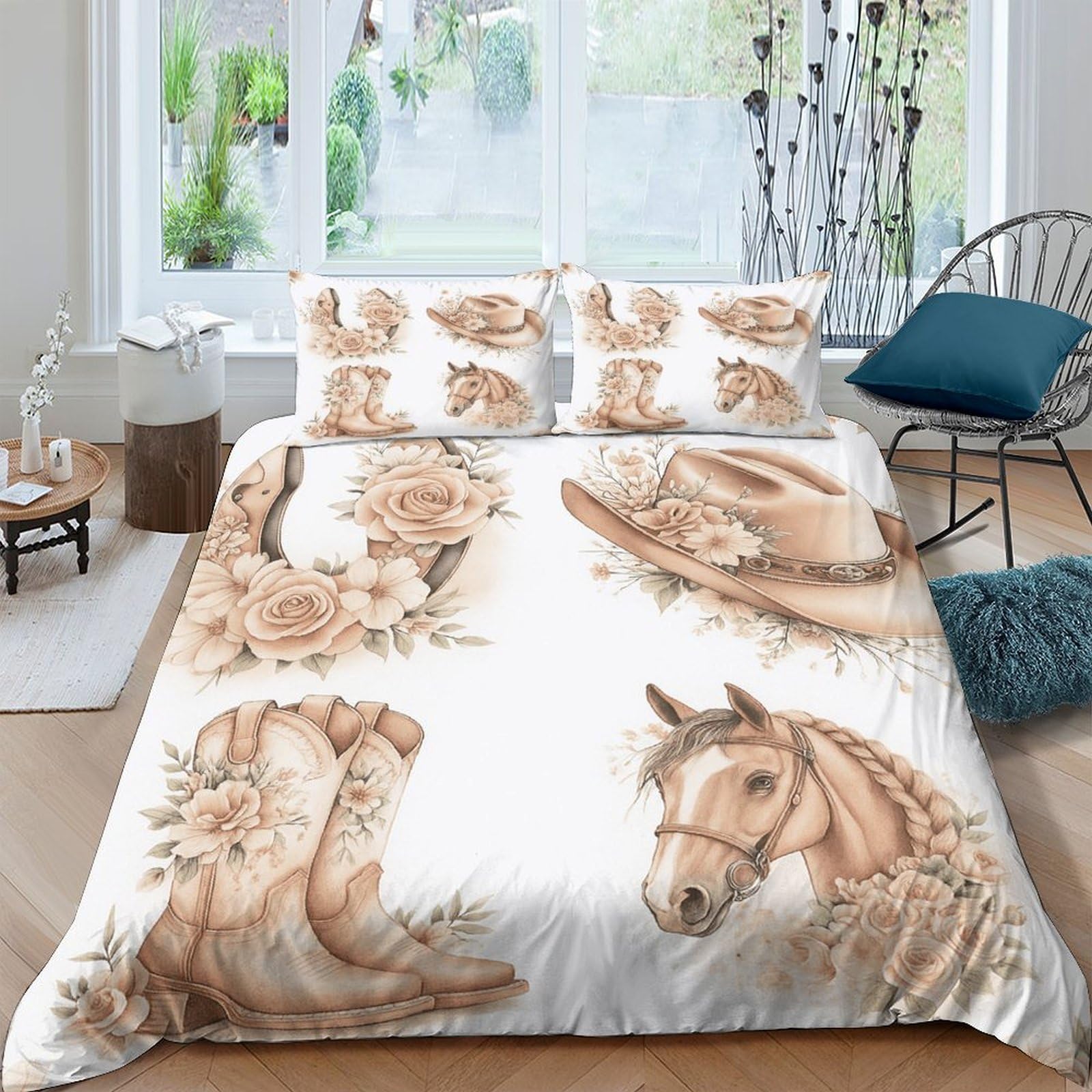GPLZQXKJNH 3D Printed Vintage Horse Duvet Cover Microfiber Soft Breathable Floral Western Bedding Set with 2 Pillowcases for Bedroom Decor Single（135x200cm）