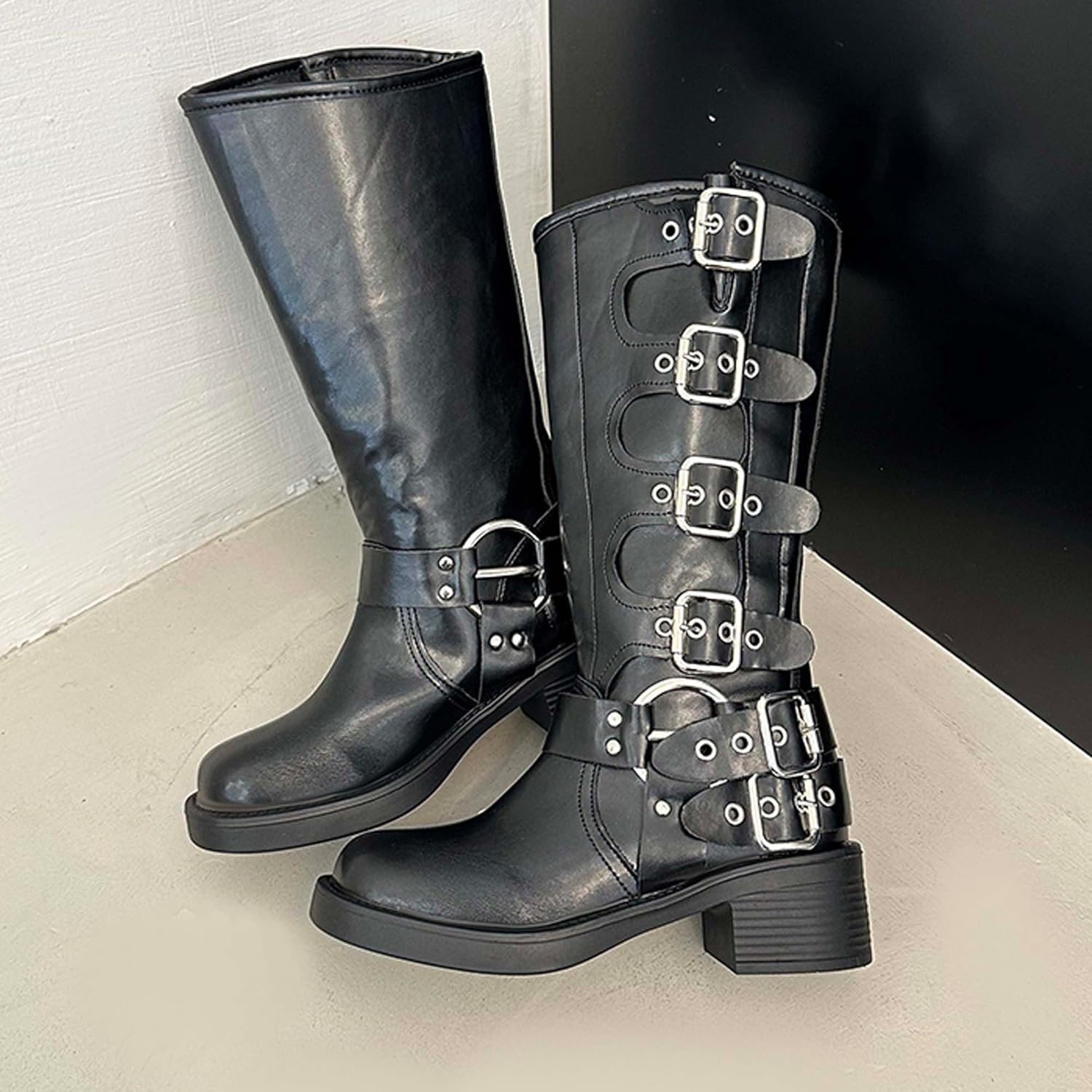 Women's Black Boots Knee High Fashionable Metal Buckle Retro Leather Long Tube Western Cowboy Knight Motorcycle Combat Fashion Boots,Black, Brown