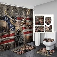 Vista 29 de Camille&Andrew - Juego de 4 cortinas de ducha de tela de ciervo rústico negro, alce, alce, pino, luna, casa de campo, panel rústico, tablero