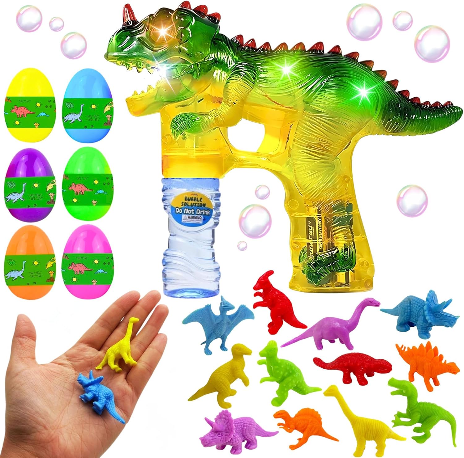 Haktoys Dinosaur Bubble Gun for Kids Automatic Bubble Machine Toy, Outdoor Bubble Maker Blower for Toddlers Boys Girls Backyard Play, 1 Pack with Figurines