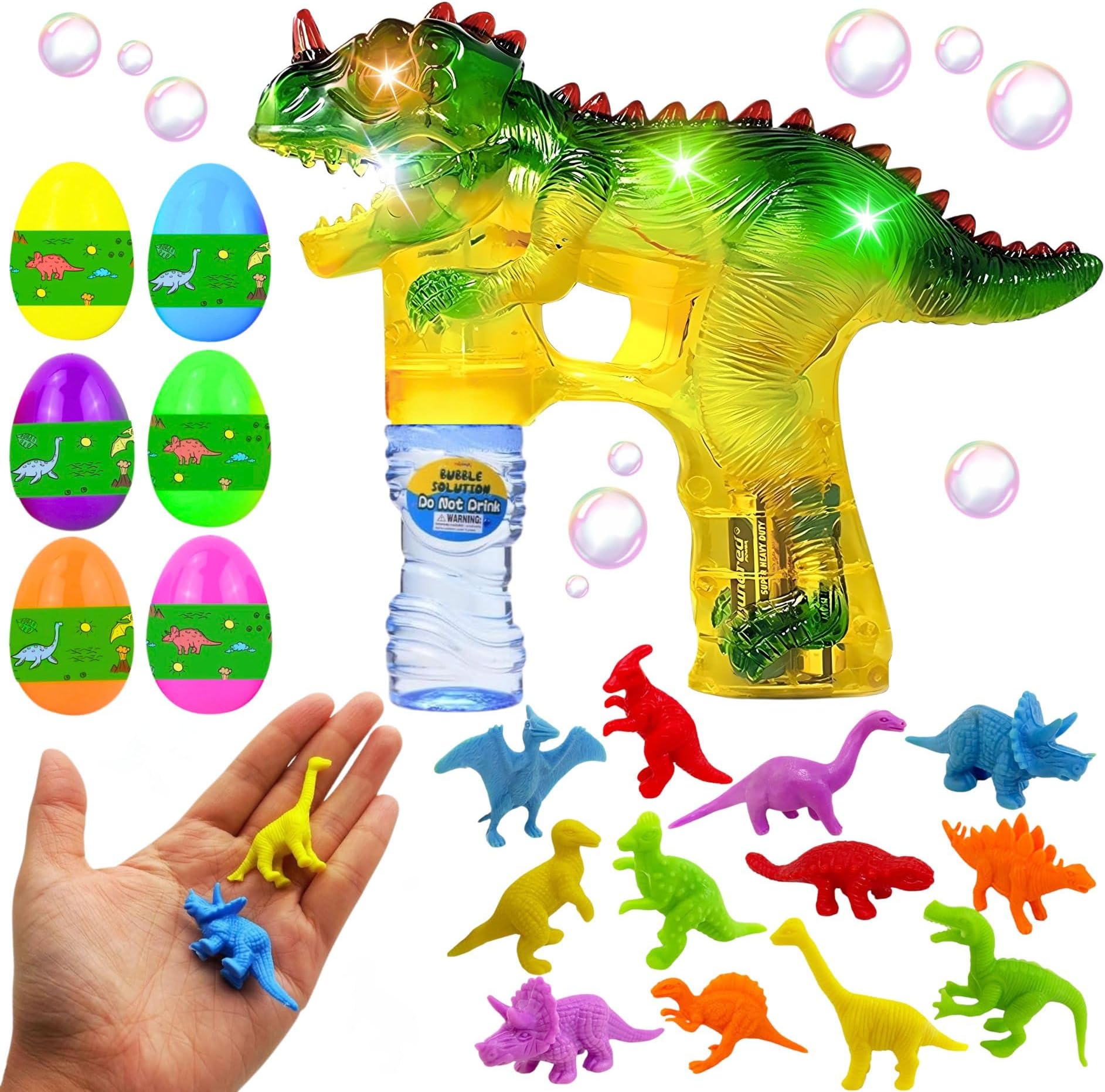 Haktoys Dinosaur Bubble Gun for Kids Automatic Bubble Machine Toy, Outdoor Bubble Maker Blower for Toddlers Boys Girls Backyard Play, 1 Pack with Figurines