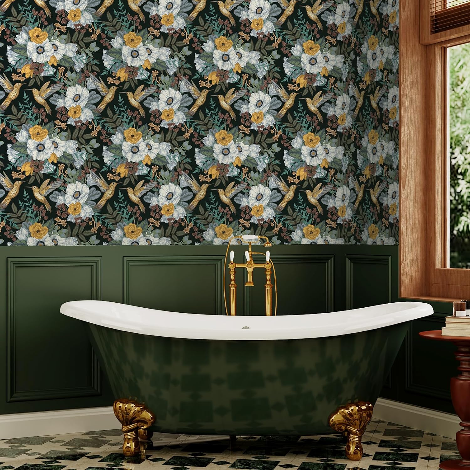 VaryStyle Hummingbird Floral Wallpaper Vintage Black/Gold Floral Peel and Stick Wallpaper Birds Flower Contact Paper for Cabinets Removable Self Adhesive Wall Mural for Bedroom Bathroom 17.7"x118"