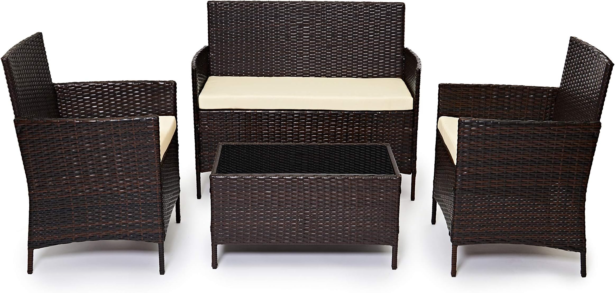Brown Rattan Garden Furniture Set Patio Conservatory Indoor Outdoor 4 Seater Piece Modular Sofa Loveseat Chair Glass Top Coffee Table with Cushions