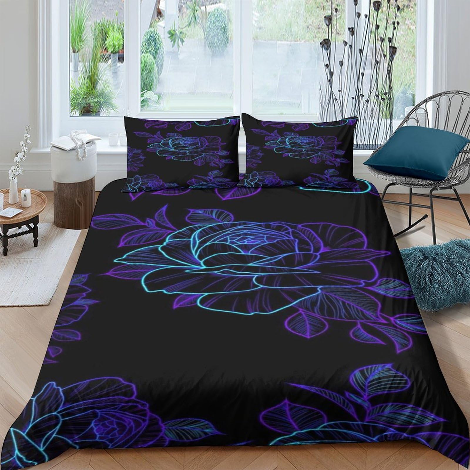 QPIRINMEX Flores 3D Print Bettwäsche Set Sanft Mikrofaser Bettbezug Mit Reißverschluss Und Kissenbezug Color Neón Bettbezüge Für Kinder Teenage Double（200x200cm）