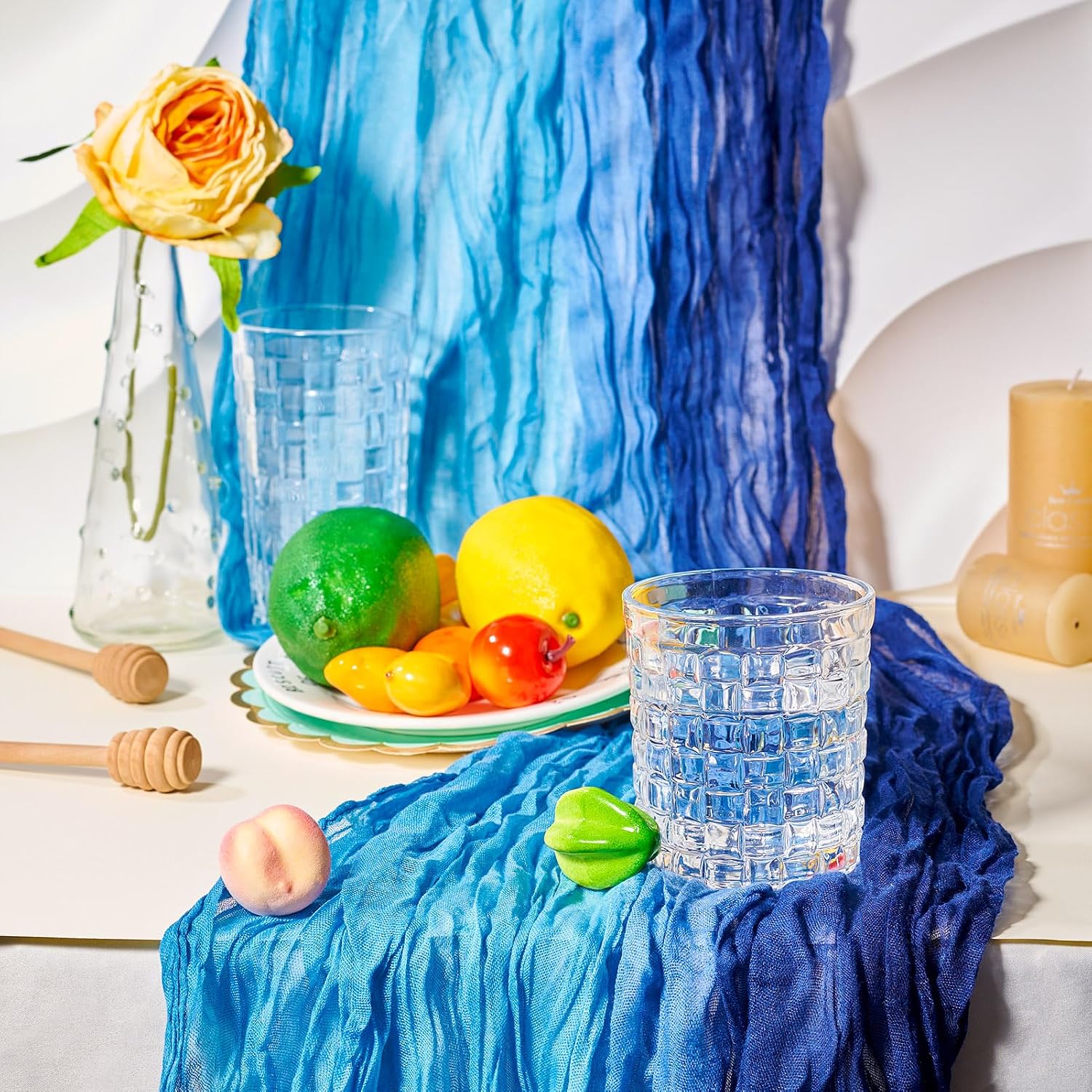 Craftdady 1 Pack Cheesecloth Table Runner, 29.92 x 68.9 Inch Gradient Blue Gauze Boho Rustic Table Runner Soft Polyester Table Cloth Cheese Cloth Sheer Cloth for Wedding Party Clothing Home Decor