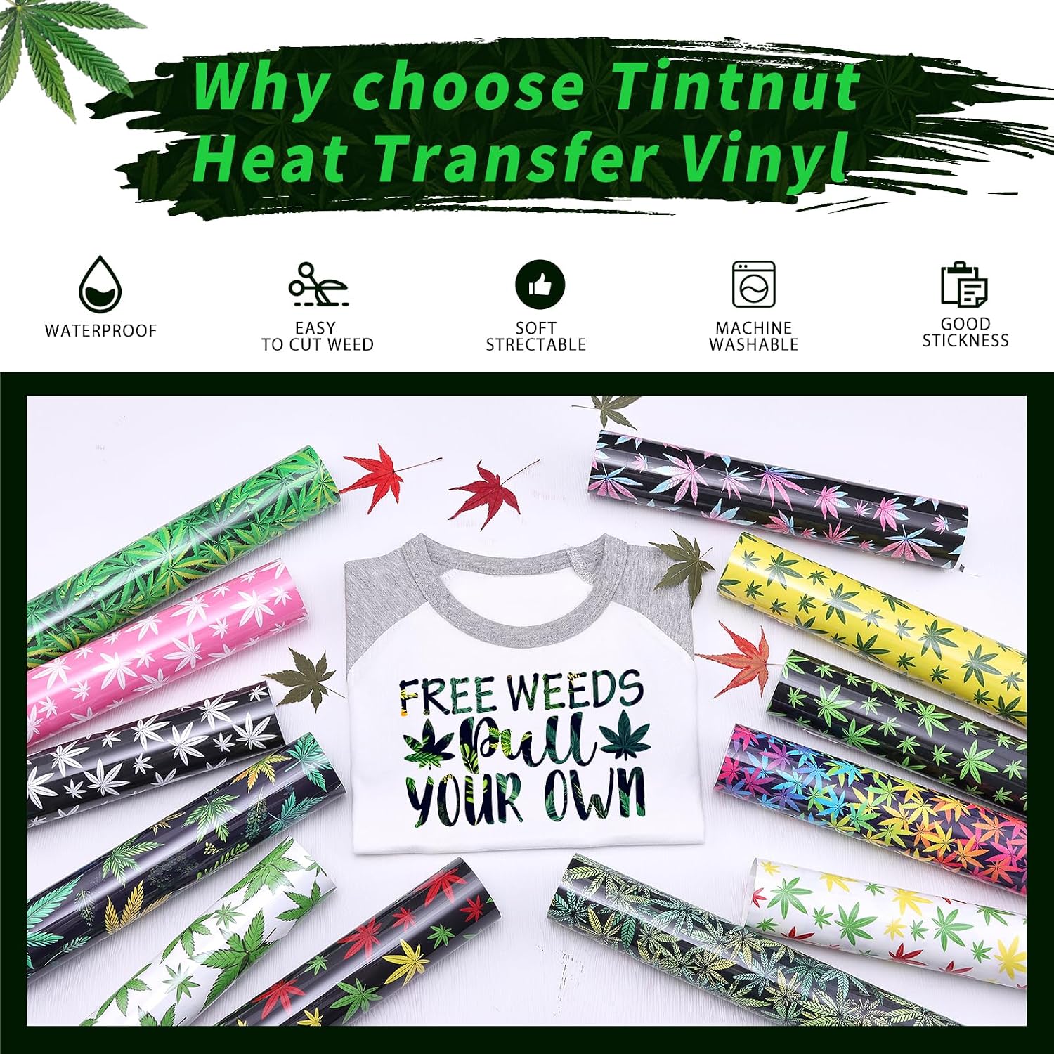 Tintnut Rasta Cannabis Leaf HTV Vinyl,12 Pcs 12×10in Iron on Vinyl image 3