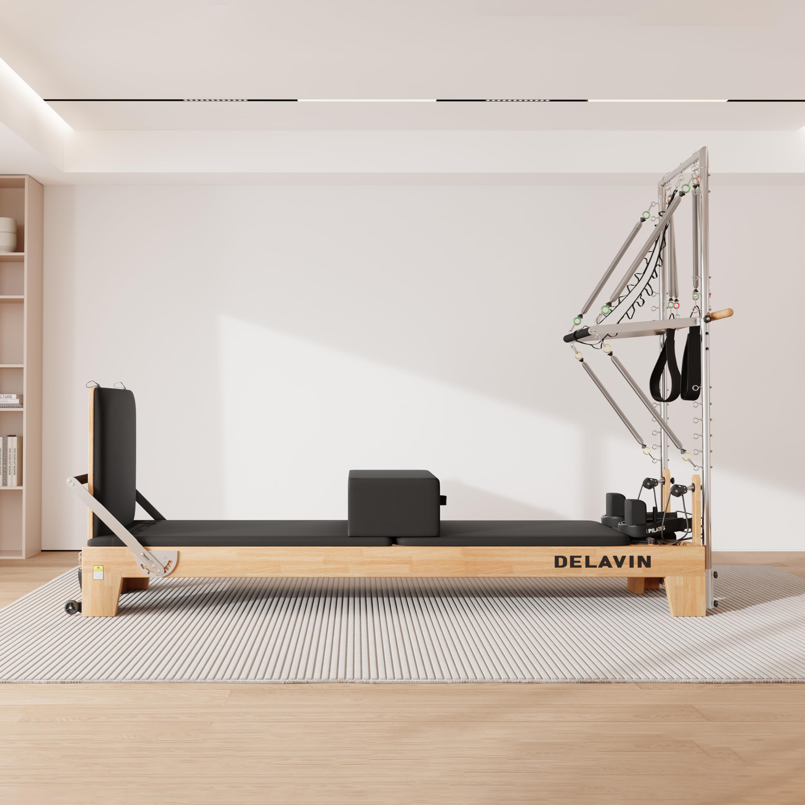 DELAVIN Pilates Reformer with Tower, Pilates Machines with Springs, Sitting Box, Jump Board and Accessories, Solid Wood Pilates Equipment for Studio, Gym and Home Workout