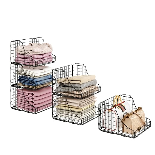 Storage Bins Closet Organizers and Storage 3 Pack, Rustic Stackable Metal Wire Basket for Clothes Toys Snacks, Open Pantry Baskets for Countertop Cabinet Living Room Black, 11.5x11.5x21inch