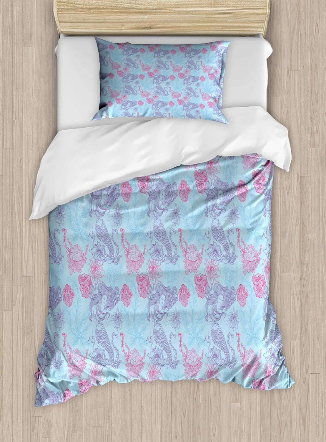 Lunarable Mermaid Duvet Cover Set, Marine Themed Jellyfish and Underwater Fish Lady Outline Pattern, Decorative 3 Piece Bedding Set with 2 Pillow Shams, Twin Size, Pale Blue Magenta and Purple