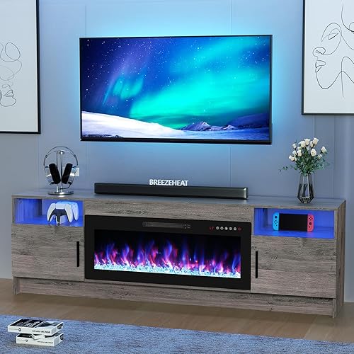 Miniatura 60 de BREEZEHEAT Soporte de TV eléctrico con chimenea de 36 pulgadas de hasta 80 pulgadas, centro de entretenimiento LED con puertas de alto brillo,