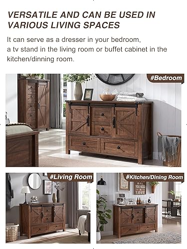Miniatura 5 de T4TREAM Cómoda de Granja de 48 Pulgadas para Dormitorio con 4 Cajones y Puertas Corredizas de Granero, Cómoda Alta, Soporte de TV Cómoda Rústica con