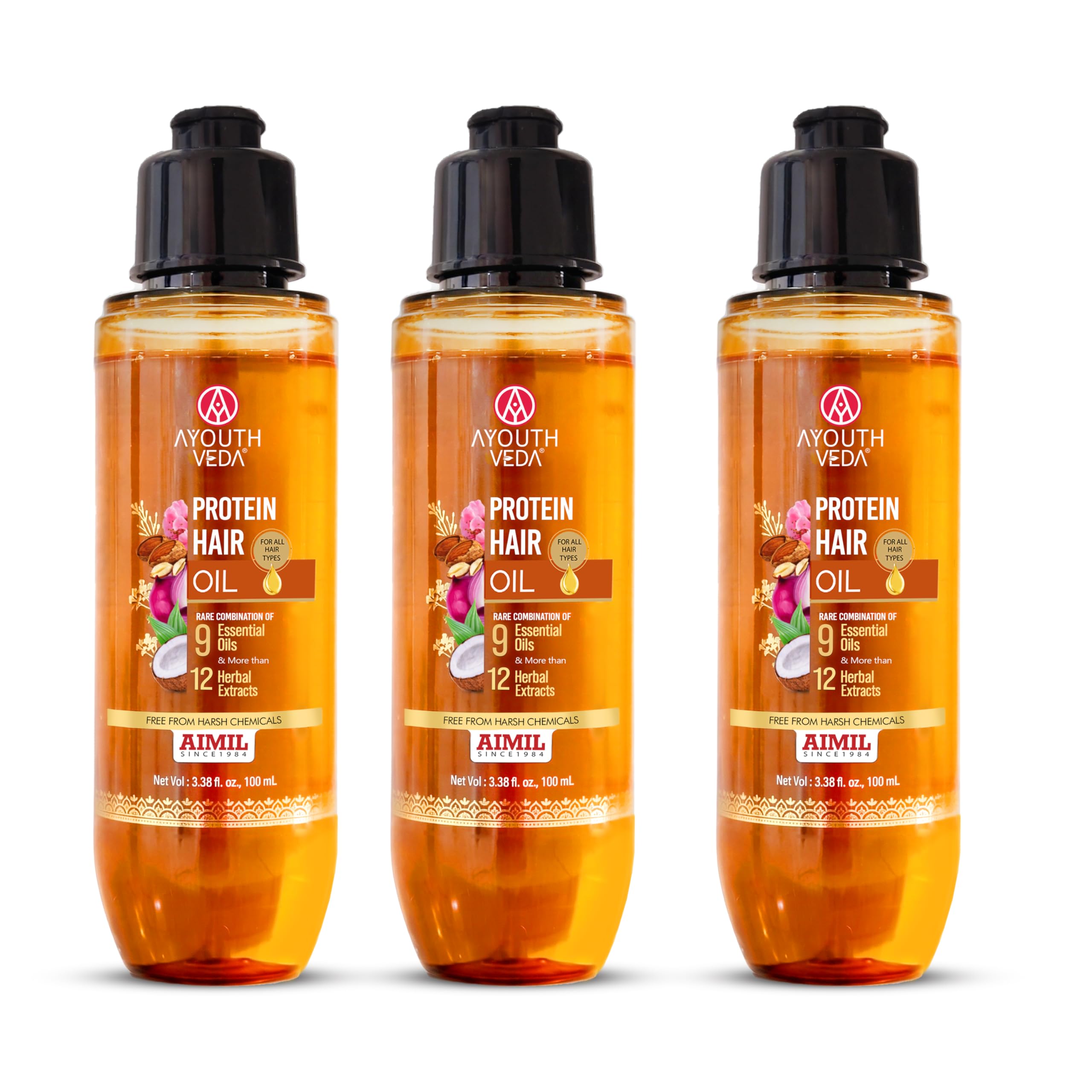 Ayouthveda Protein Hair Oil | Nourishing Oil to Repair Damage | With Bhringraj, Coffee, Arhar & Urad Dal | Blend of 9 Nourishing Oils and 12 Herbal Extracts | Helps Improve Hair Strength, Shine & Softness | For All Hair Types | 100 ml (Pack of 3)