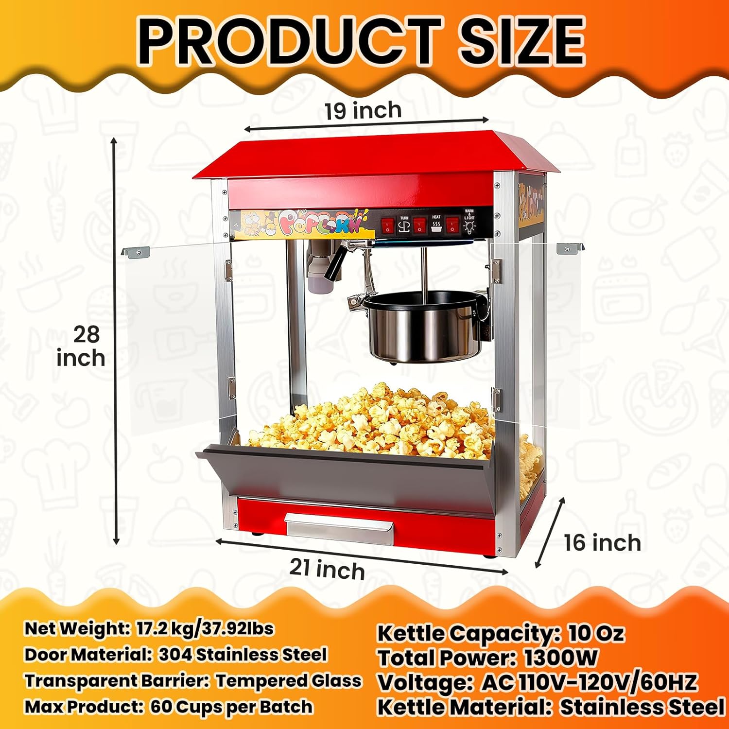 Commercial Popcorn Machine, 10 Oz Removable Kettle Countertop Popcorn Popper with Dual Warm System, 1300W Stainless Steel Popcorn Maker Tempered Glass for Home Theater, Party, Arcade, Snack Stand