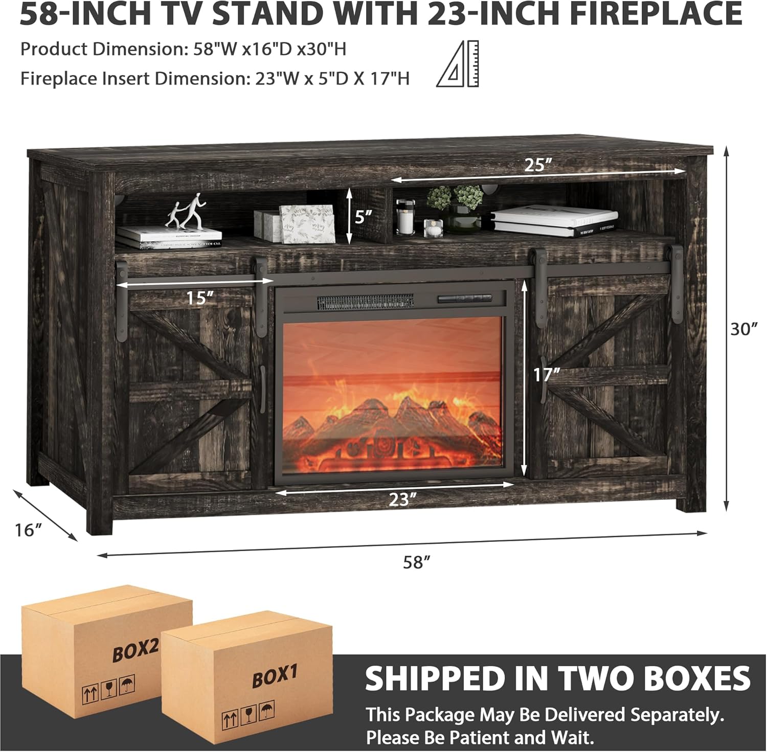 58" Fireplace TV Stand for TVs up to 65", Entertainment Center with Storage, 23" Electric Fireplace Insert Heater with Remote Control for Living Room & Bedroom, Black
