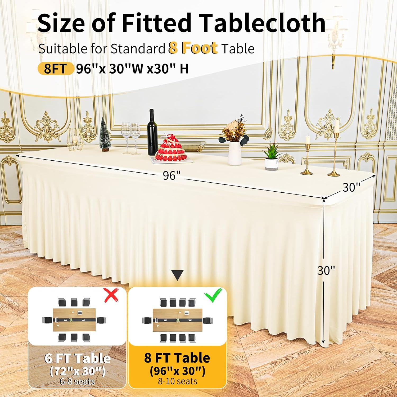 2 packs ivory spandex table clothes for 8 foot rectangle tables, wrinkle resistant fitted tables cover, washable stretch table skirts for weddings parties banquet birthday festival ivory 8ft(2 pack)