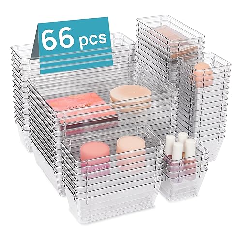 Vtopmart 66 PCS Clear Plastic Drawer Organizer Bins, 4-Size Versatile Bathroom and Vanity Organizer Trays, Acrylic Storage Containers for Makeup, Jewelry, Toiletry, Kitchen Utensils and Office Supply - 66 PCS