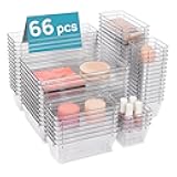 Vtopmart 66 PCS Clear Plastic Drawer Organizer Bins, 4-Size Versatile Bathroom and Vanity Organizer Trays, Acrylic Storage Containers for Makeup, Jewelry, Toiletry, Kitchen Utensils and Office Supply
