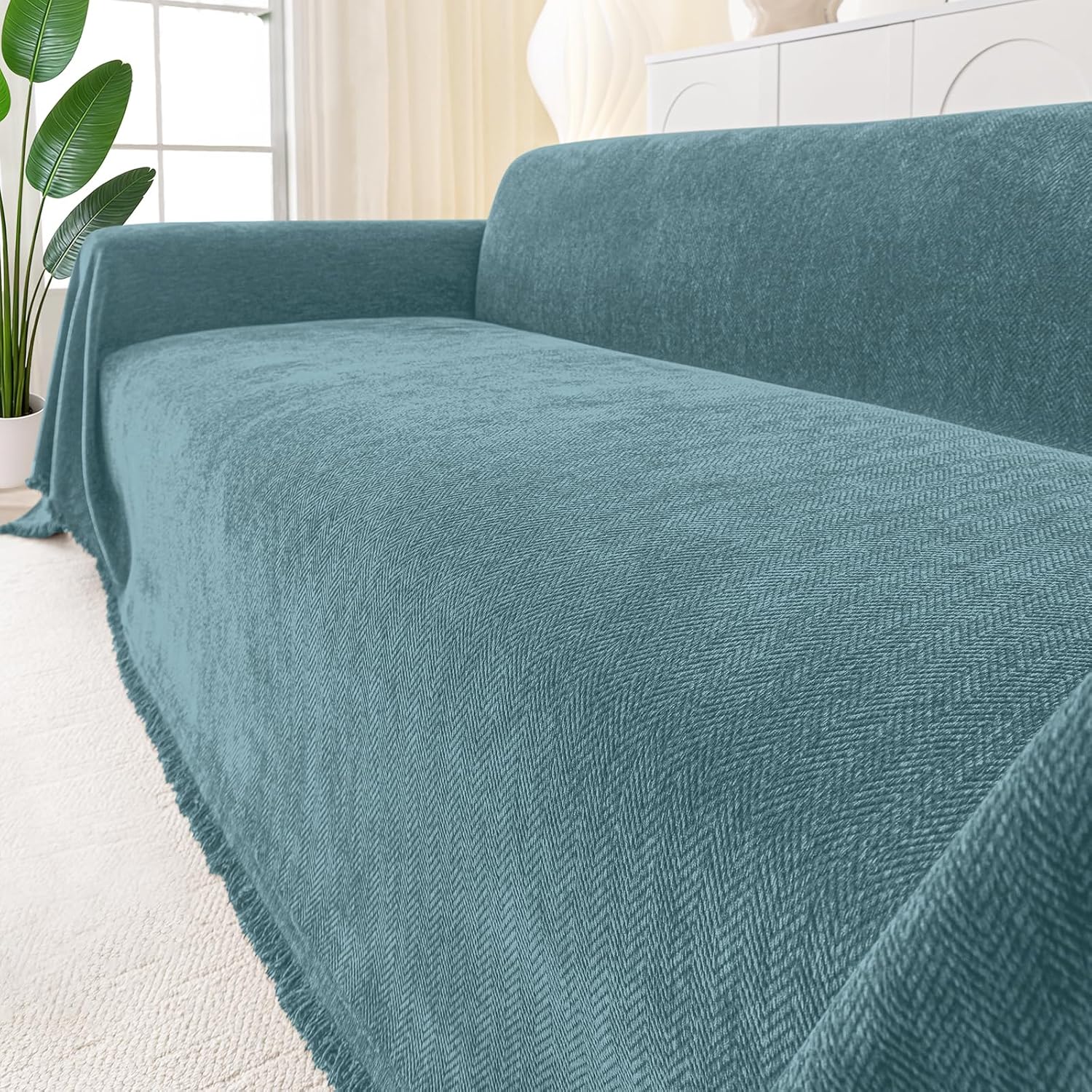 Smiry Couch Cover for Dogs, Washable Chenille Sofa Covers for 3 Cushion Couch, Soft Sofa Slipcover for Pets, Thick Sectional Furniture Protector with Tassels (Blue, 71x118 Inch)