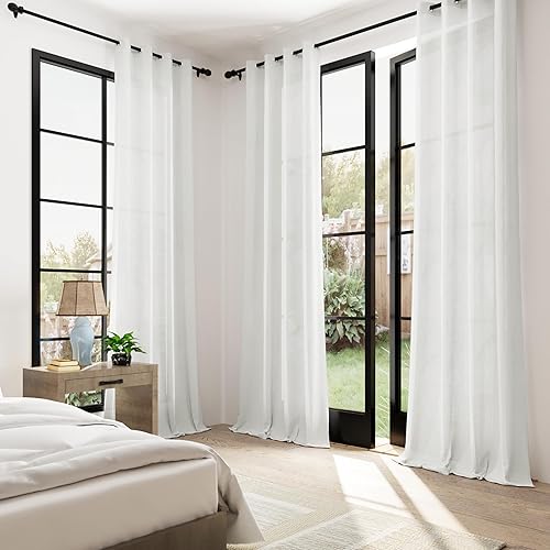 Miniatura 5 de Cortinas de lino blanco roto de 84 pulgadas de largo, juego de 2 paneles de cortinas de lino semitransparentes con ojales para dormitorio, filtro de