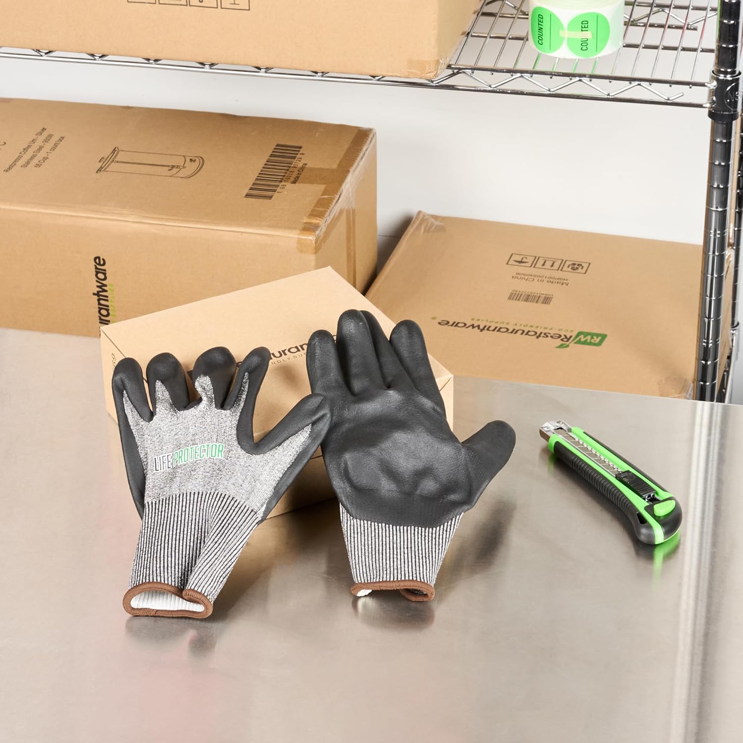 Restaurantware-Life Protector HPPE Large Safety Work Gloves, 1 Pair Of Gloves With Nitrile Coating On Palm And Fingertips - Cut-Resistant, 15-Gauge, Gray Nylon And Spandex Protective Handwear