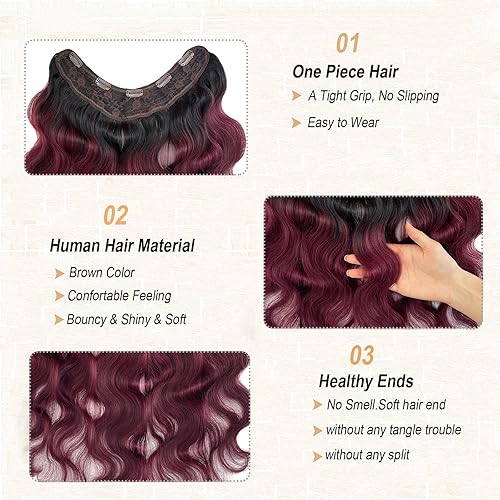 Miniatura 5 de Extensiones de cabello humano con clip, de una pieza, en forma de U, color borgoña, extensiones de cabello ondulado con clip, 14 pulgadas, 34,