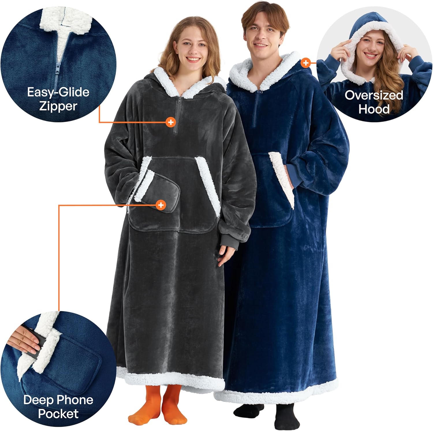 Giggling Getup Wearable Blanket Hoodie for Women Men Gifts for Women Mom Wife Sherpa Fleece Long Hooded Blanket Sweatshirt Cozy Sherpa Wearable Throw with Pocket & Sleeves for Adult Standard Navy - Image 3