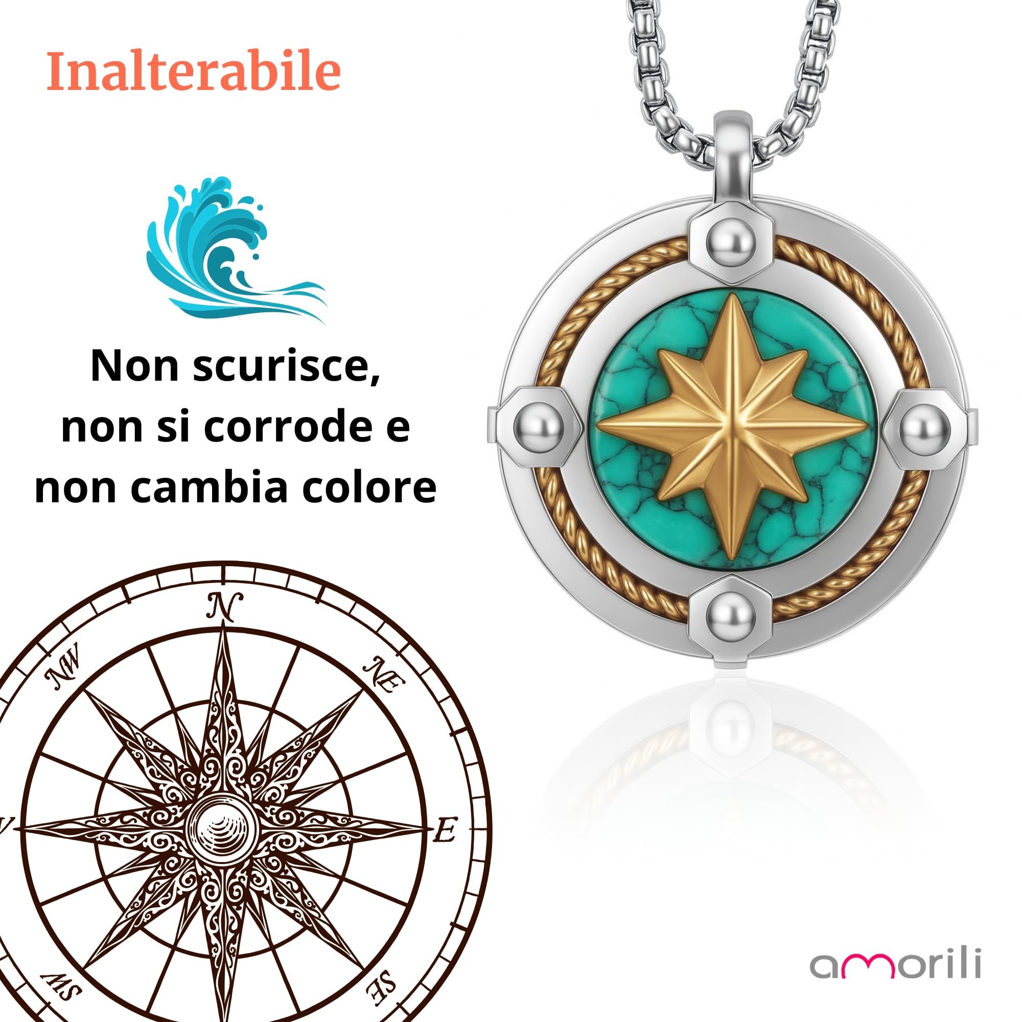 Collana Uomo Rosa dei Venti in Acciaio Inossidabile | Pendente Bussola Nautica | Catena Regolabile Fino a 50 cm | Gioiello Regalo Elegante Stile Marina Militare (l)
