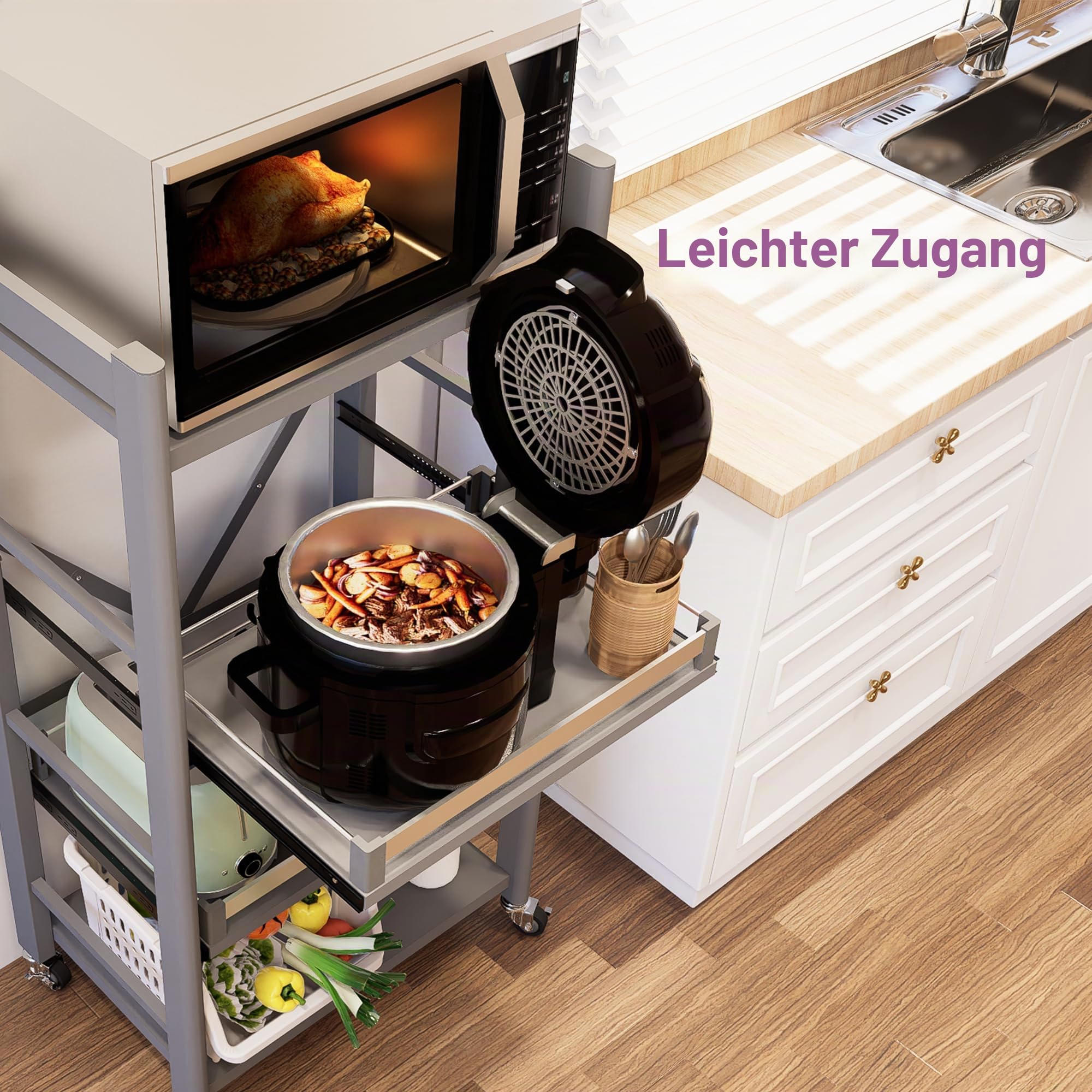 4-Etagen Küchenregal stehend, 2 ausziehbare Ablagen, Mikrowellenregal | 2 Schubladen mit verstellbaren Positionen, Für Airfryer und Küchengeräte, 4 Rollen, Freistehend, Platzsparend,60cmx125cm