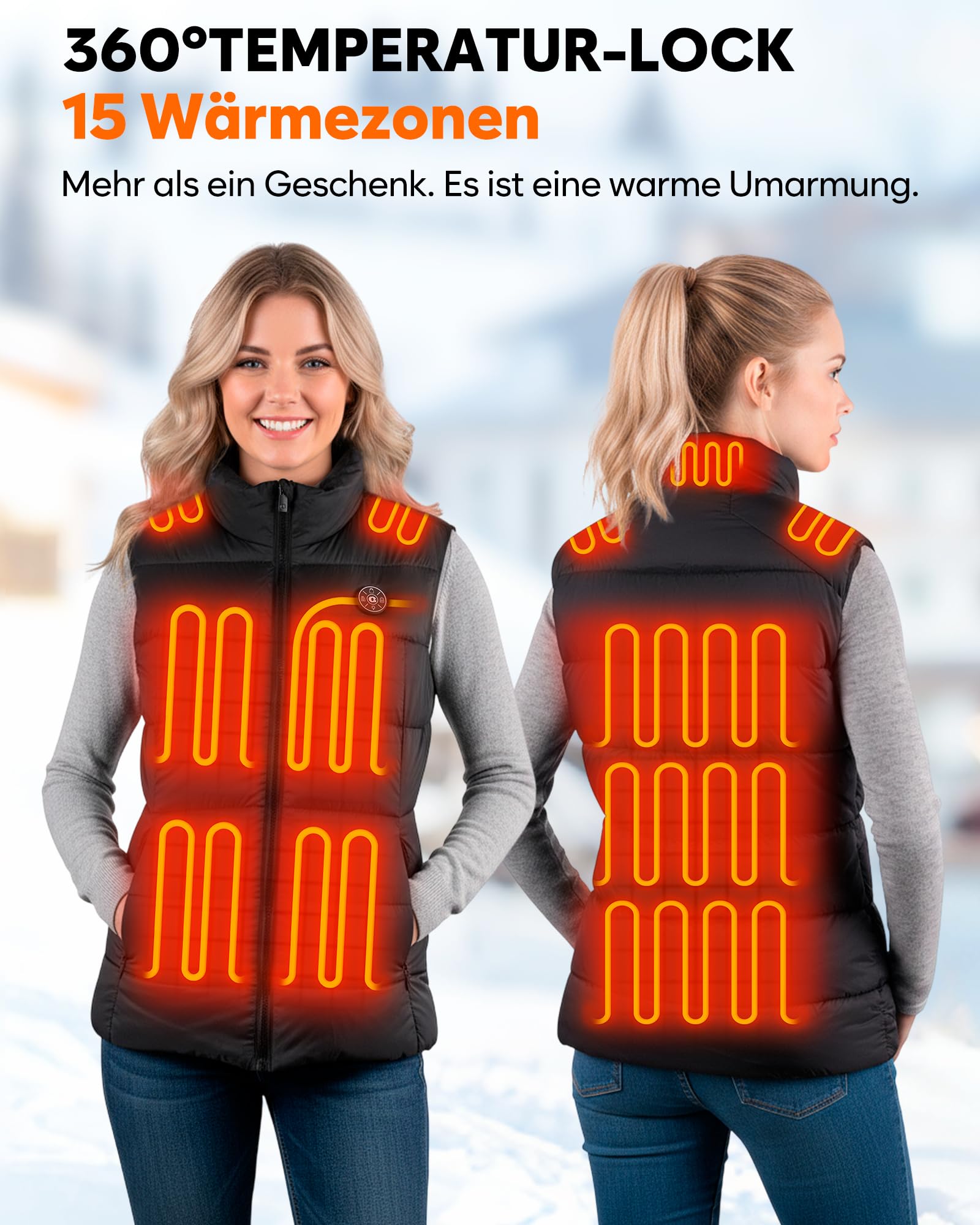 Beheizbare Weste Damen mit 16000mAh 7.4V Akku, Heizweste mit 15 Heizzonen, Einstellbare Wärmeweste Damen für Ski/Camping
