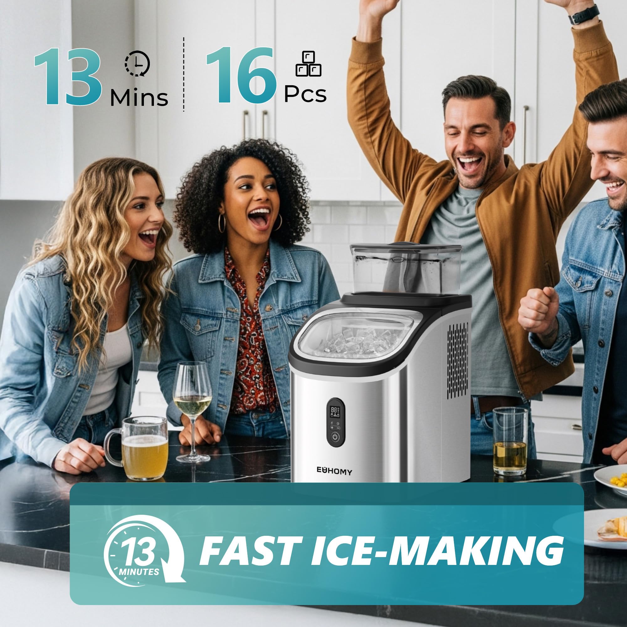 Euhomy Ice Cube Maker Machine Countertop With External Water Tank, 2 Ways To Add Water, 34lbs/Day, 16pcs Ready In 7 Mins, Auto-Cleaning, With Ice Scoop & Basket, For Home/Kitchen/Office/Bar (Silver) on Fridge.com - View 3