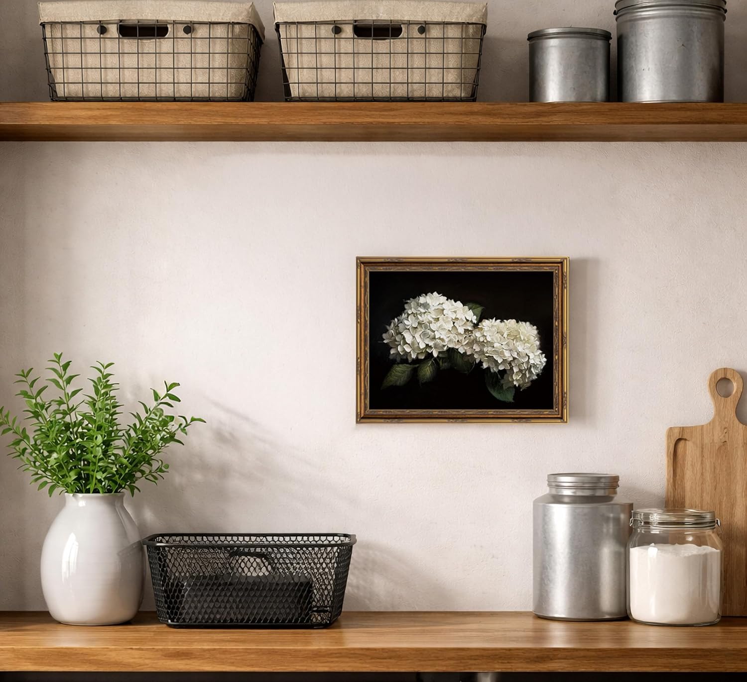 Vintage Gold Framed Hydrangea Wall Art White Flowers Painting Canvas Still Hydrangea Botanical Picture Wall Decor Dark Farmhouse Print Artwork For Living Room Bedroom Home Decoration
